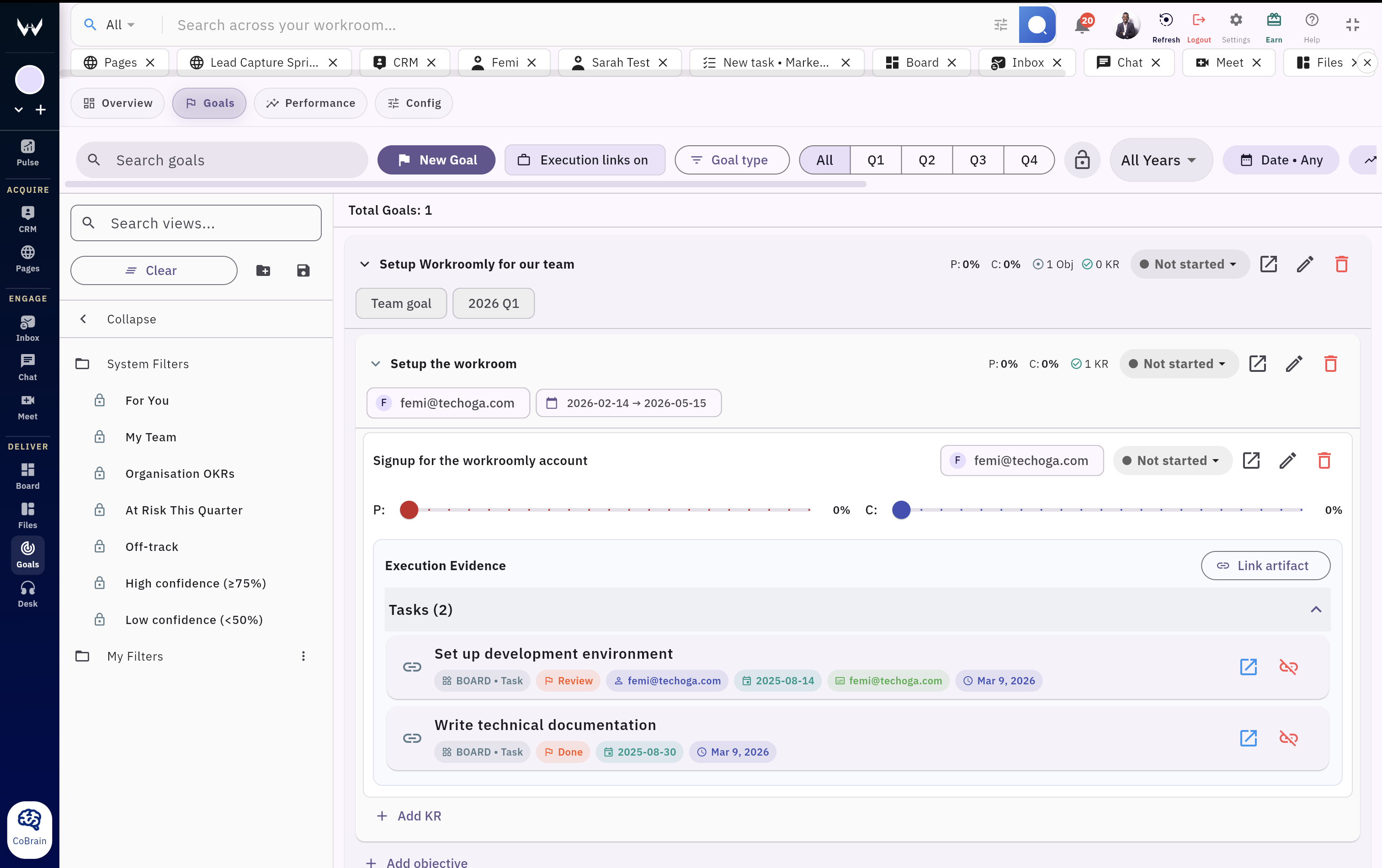 Workroomly Goals dashboard showing company and team alignment