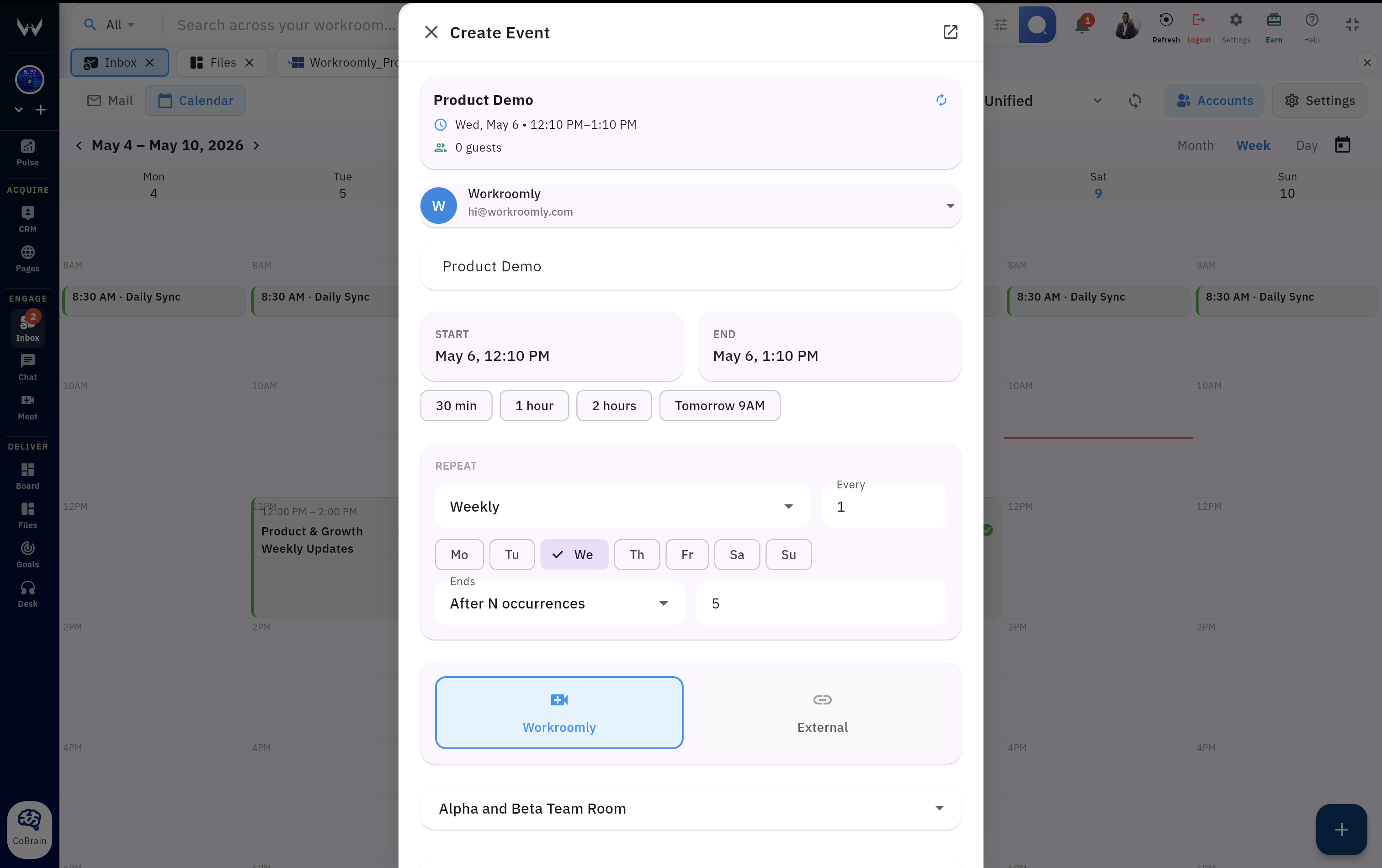 Workroomly Inbox with email list and reading pane