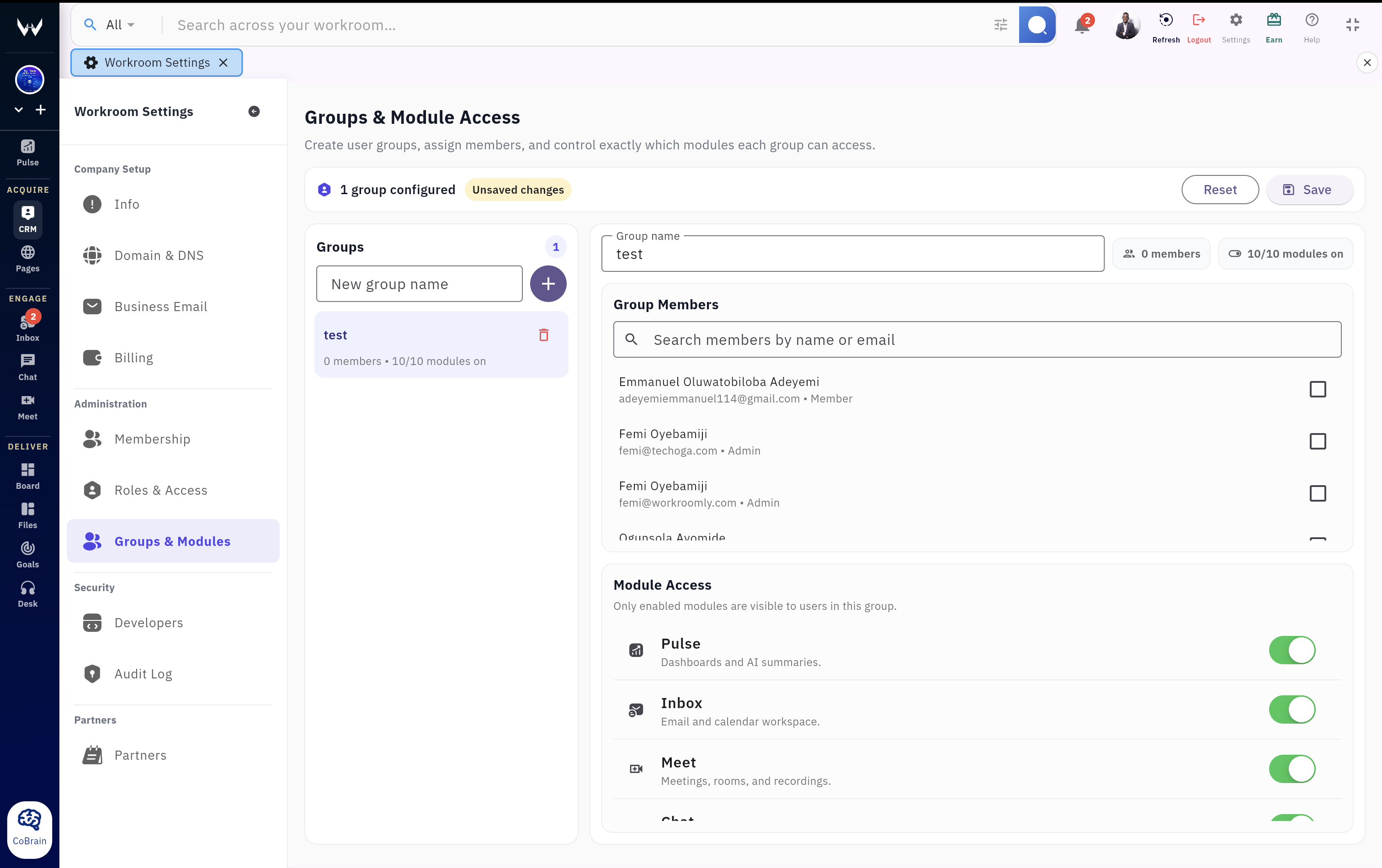 Workroomly platform modules inside one connected workspace