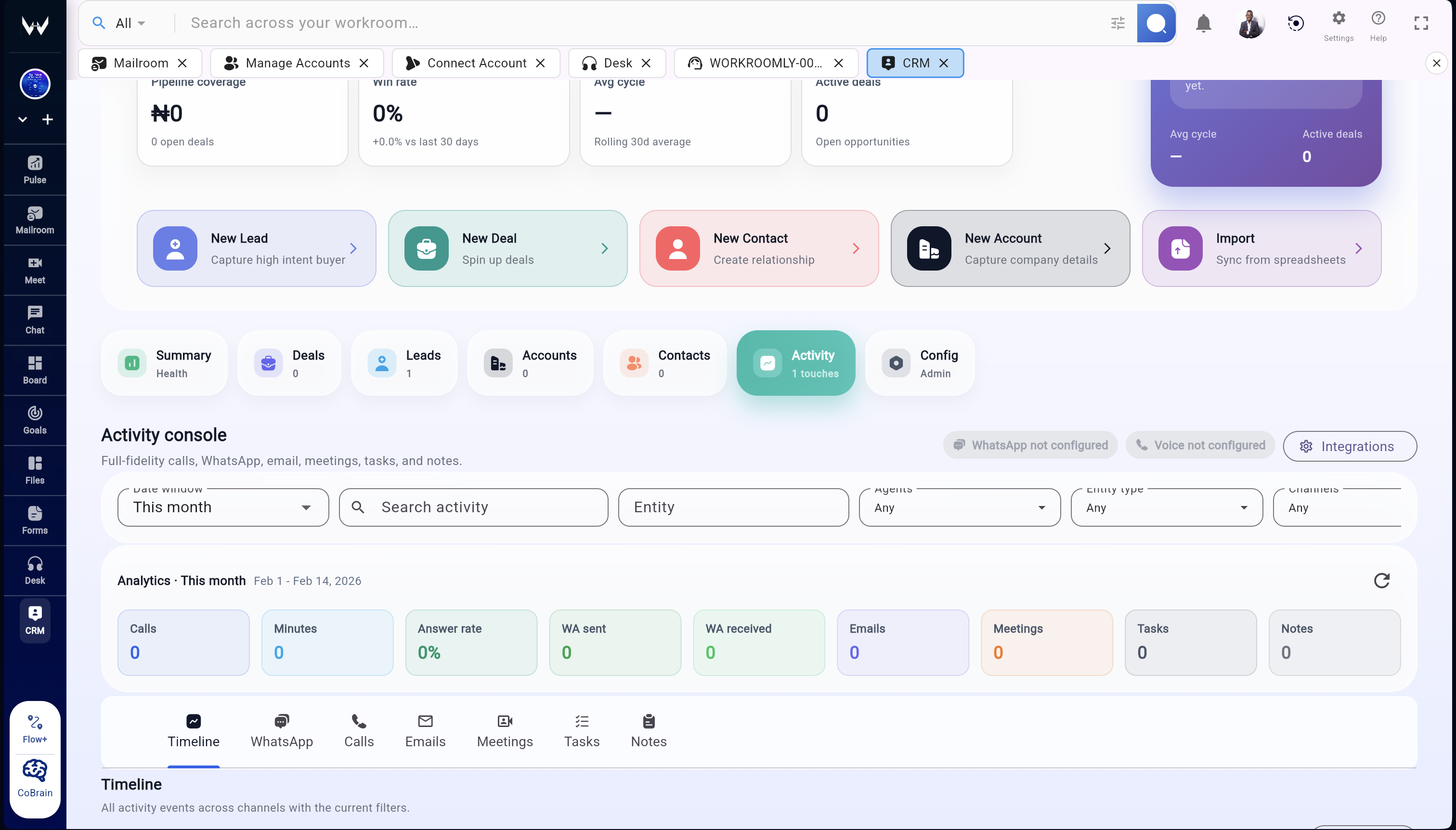 Deal stage movement and revenue signal updates in Workroomly CRM