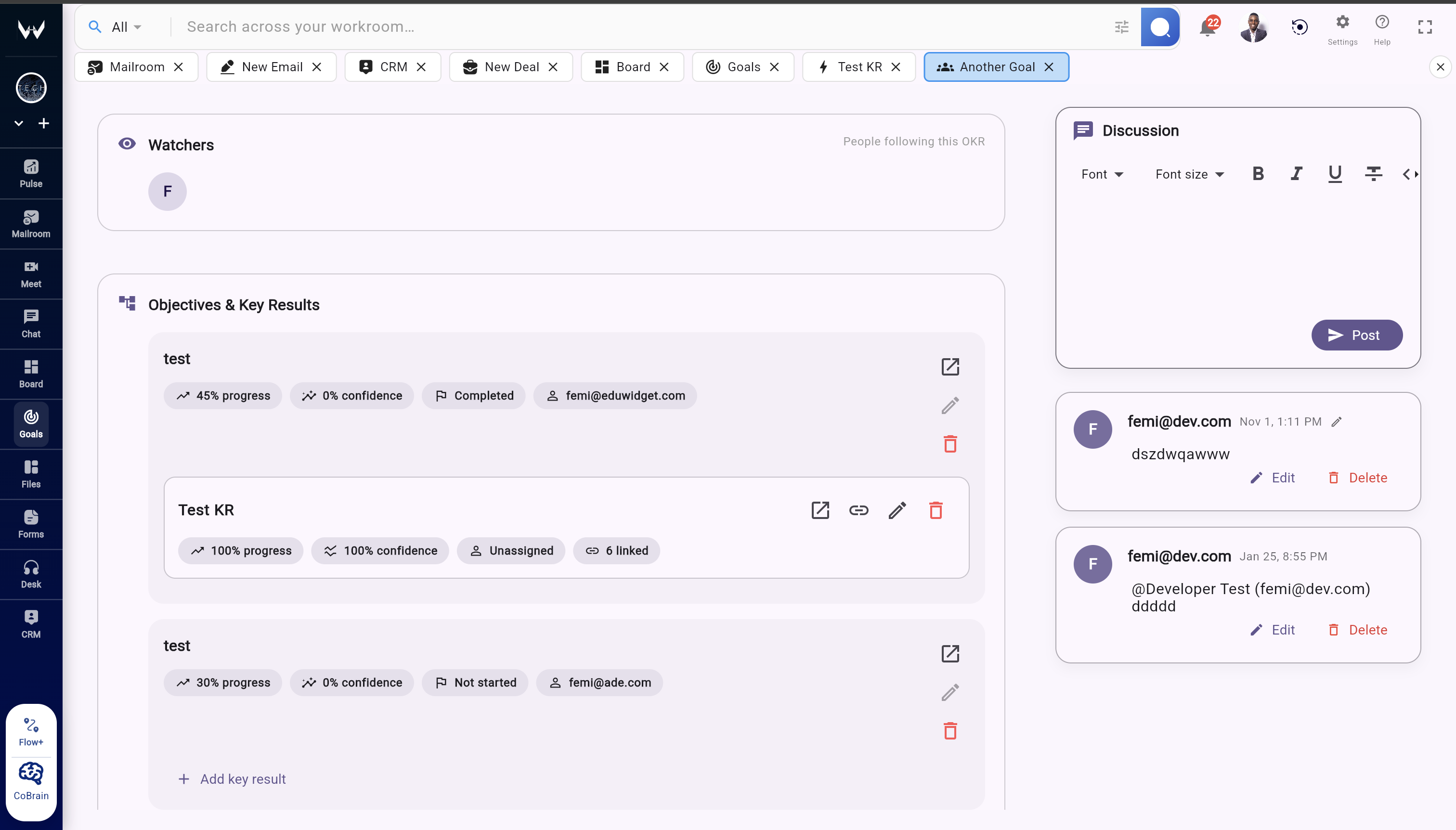 Objective and key result setup view in Workroomly Goals