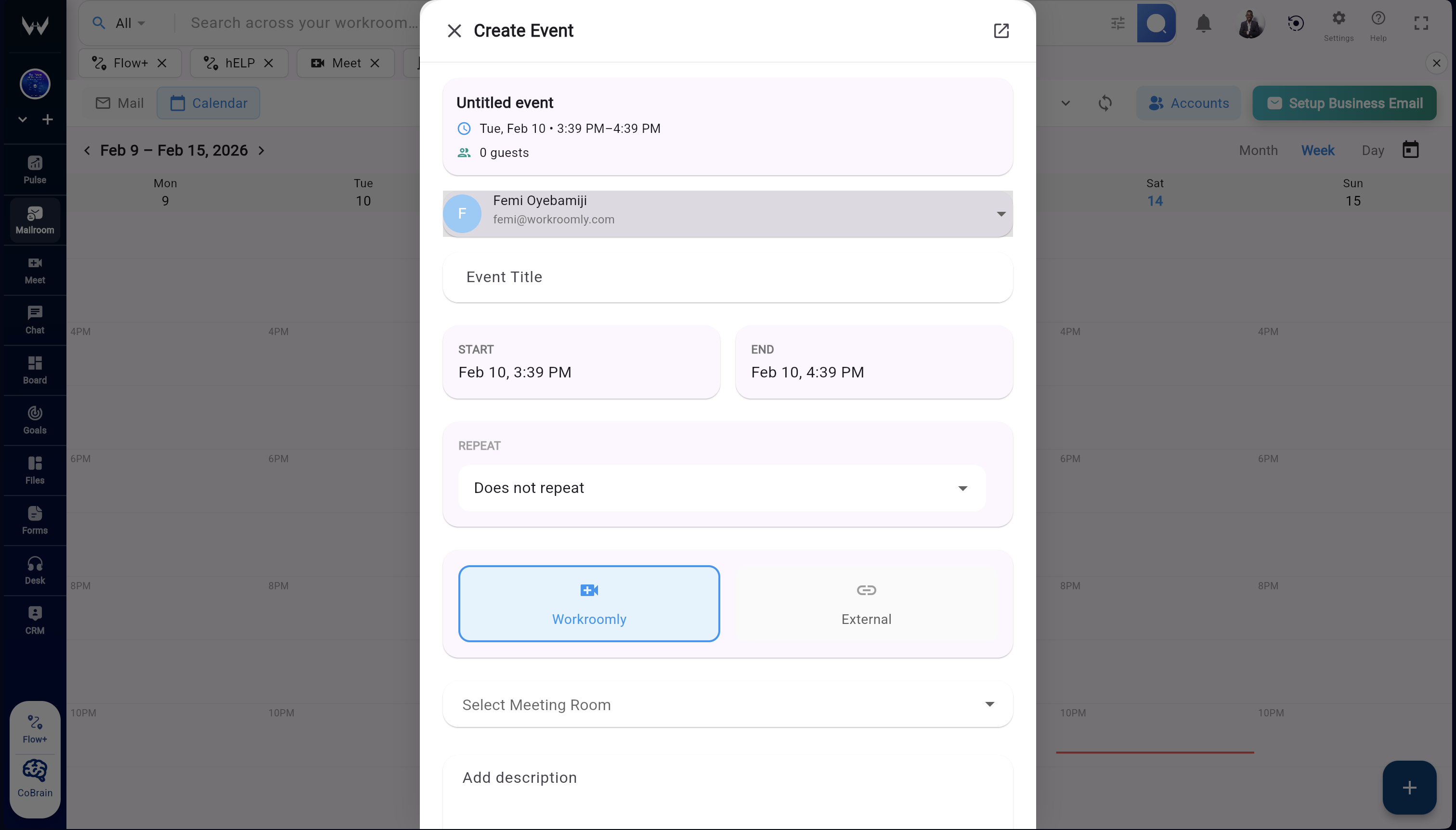 Workroomly Inbox interface showing email and calendar together