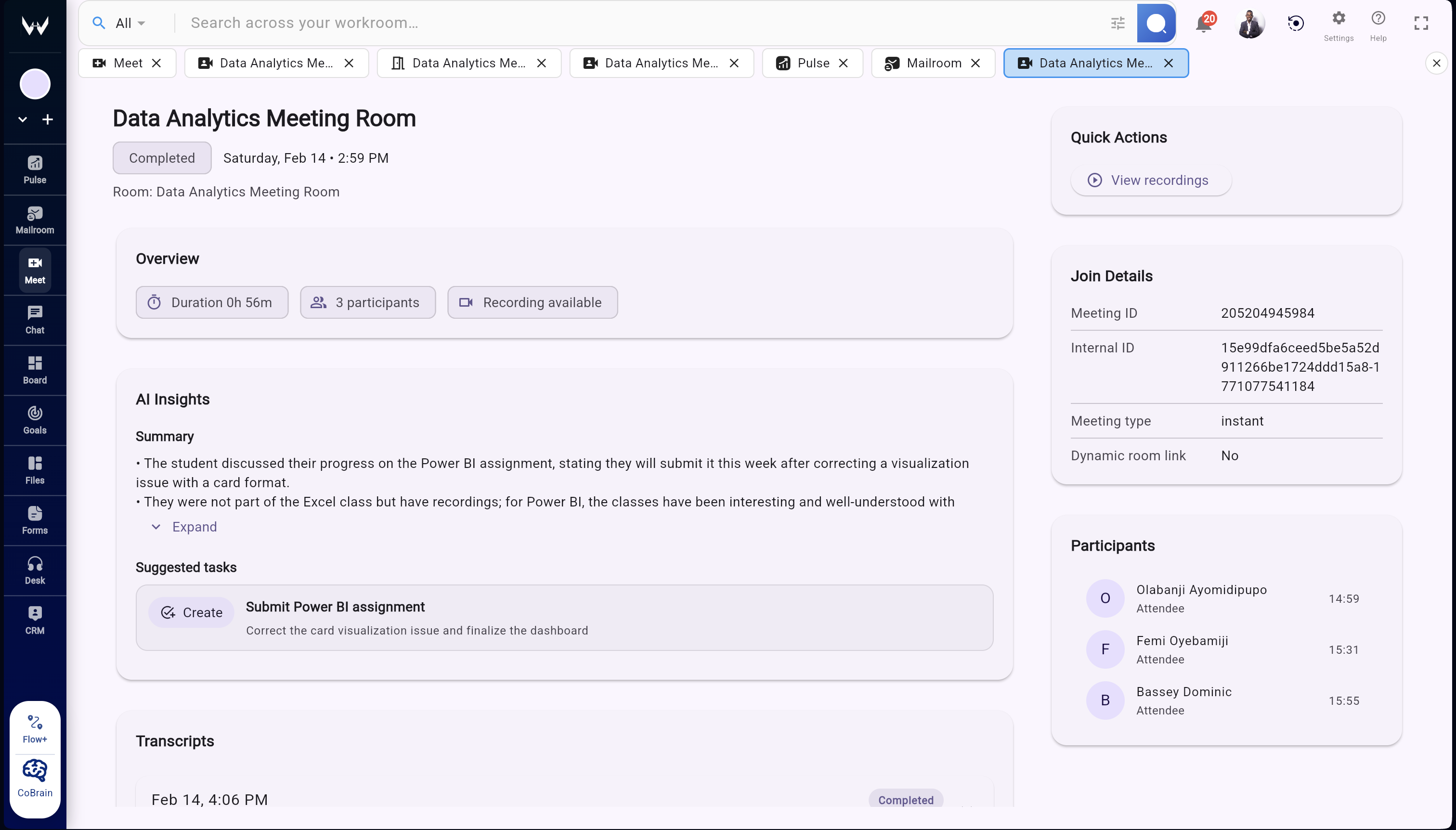 Workroomly Meet room with linked context and structured decision capture