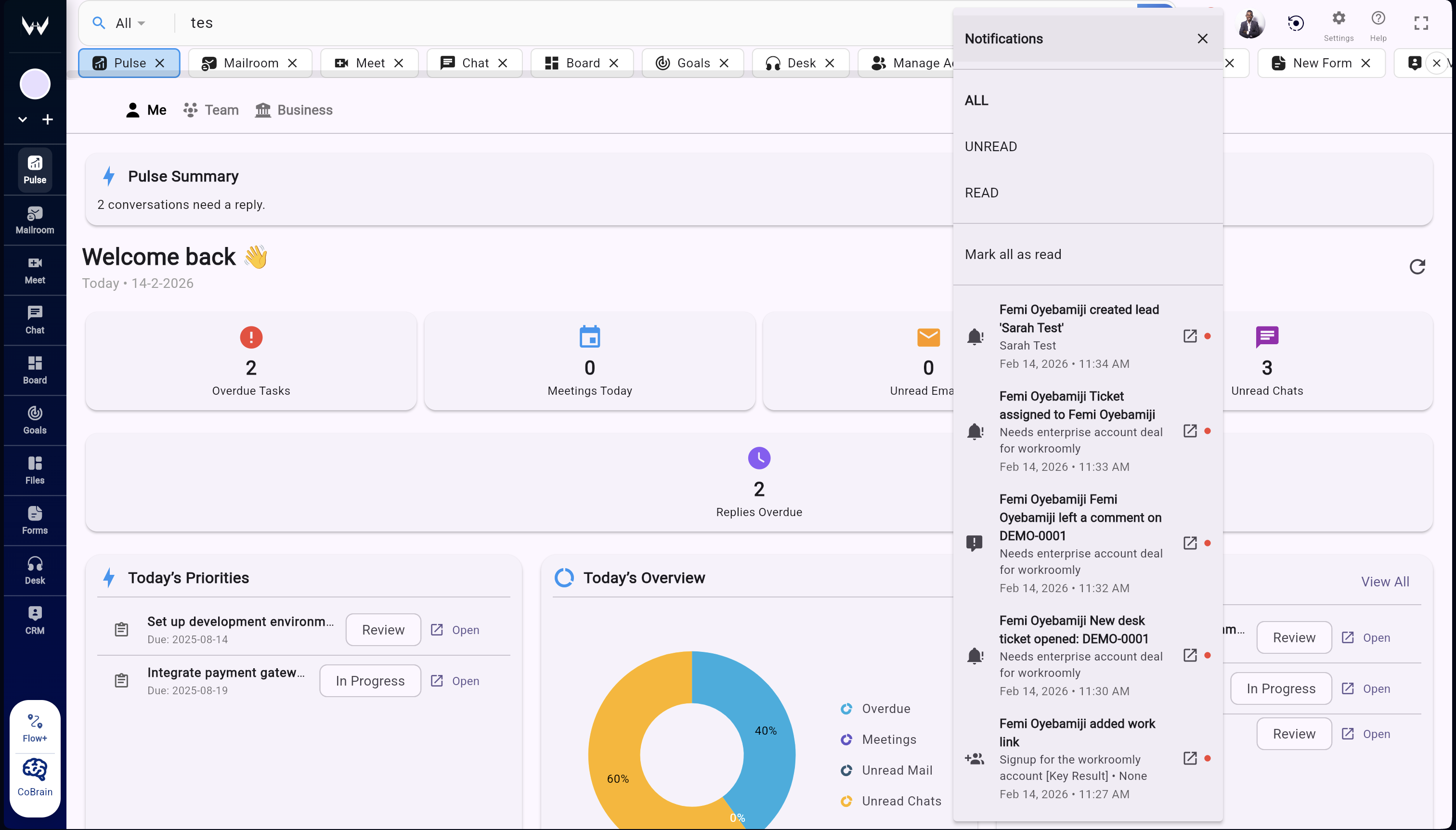 Connected Workroomly modules running in one workspace surface